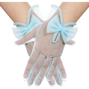 Women's Sky Blue Evening Sheer Tulle Short Length Gloves Wrist Tea Party Prom